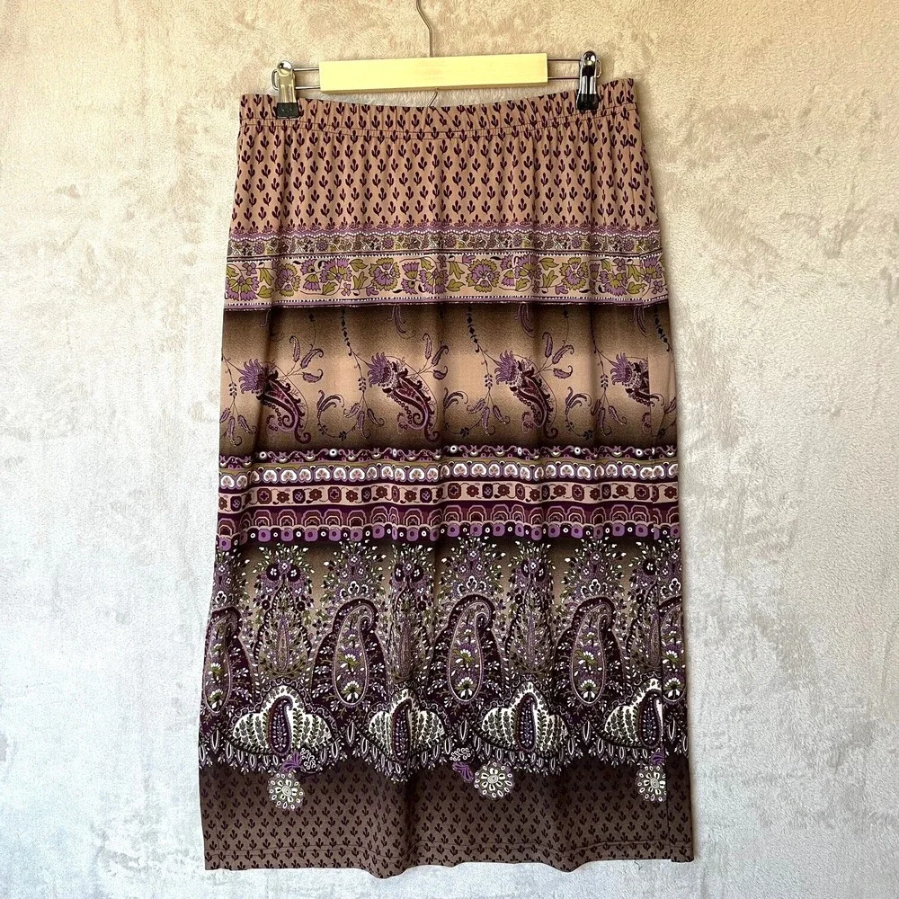 Coldwater‎ Creek Womens Maxi Skirt Sz PL Brown Purple Pull On Paisley Batik Slit
